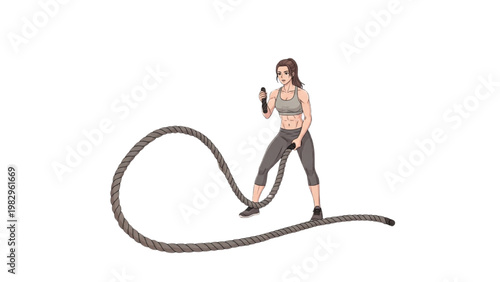 Woman exercises with battle ropes in fitness training session on a transparent background PNG