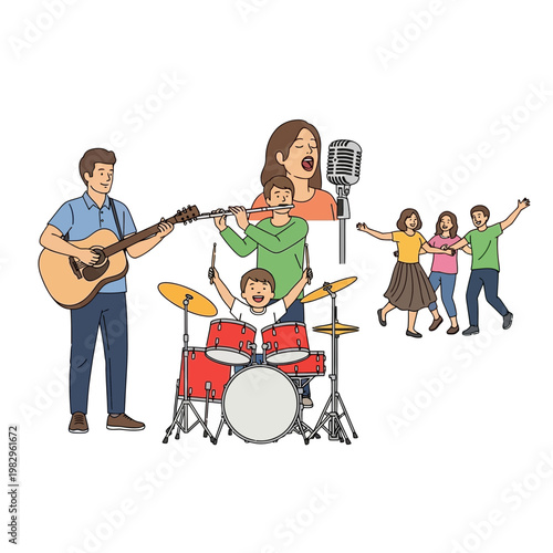 音楽を楽しむ家族や友人たちが、歌ったり踊ったりしながら演奏と交流を楽しんでいる様子。