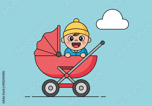 黄色い帽子をかぶった赤ちゃんがベビーカーに乗っている、晴れた日のイラストです。