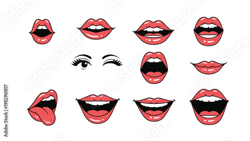 Collection of expressive female lips in various poses including smiling, laughing, and pouting alongside a pair of winking eyes.