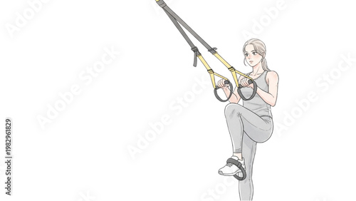 A woman exercises on suspension straps in a gym transparent background PNG