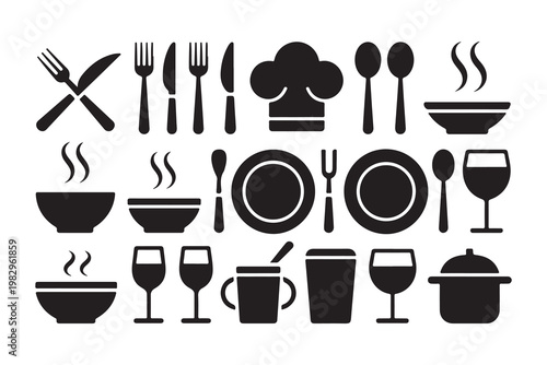 Catering and restaurant service icons including assorted dishes glassware cutlery and chef hat illustrations.