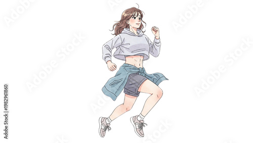 Girl runs quickly wearing casual clothes on a transparent background PNG