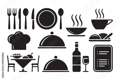 Dining and catering solid icons collection including cutlery plate soup cup chef hat and wine bottle elements.