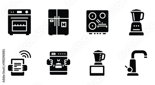 Modern kitchen appliances icon set, black solid vector symbols of household electronics, 8 smart home cooking and food storage elements