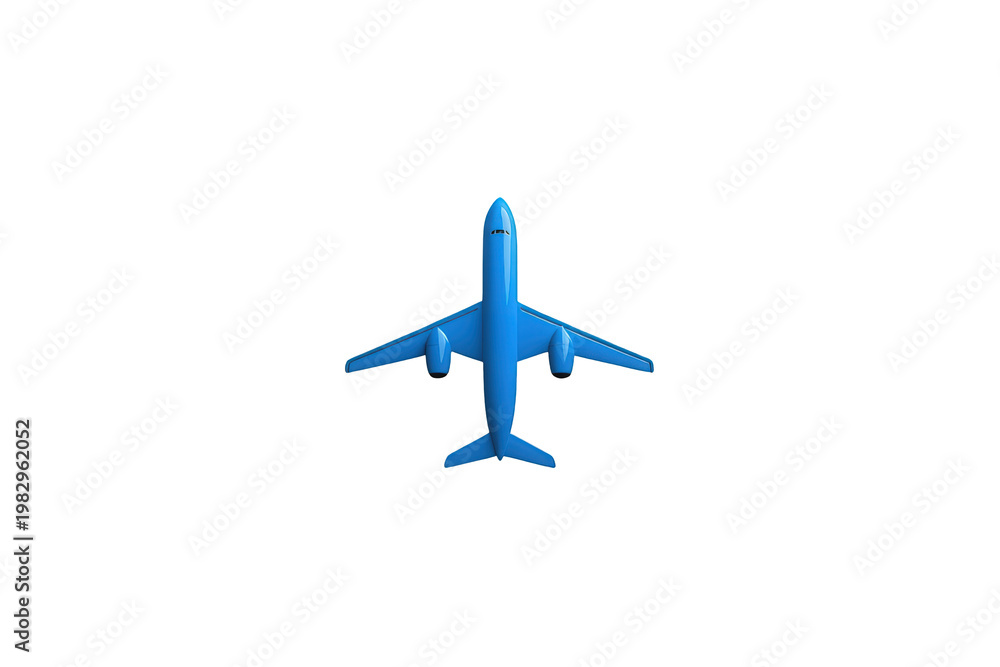 Fototapeta premium Blue airplane icon flying overhead, passenger jet aircraft for global travel and aviation, 3d render with transparent background