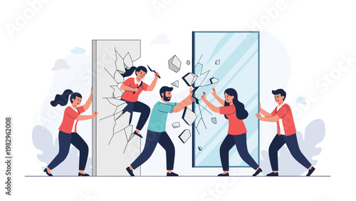 Diverse team of people working together to break down a physical barrier wall as a metaphor for collaboration and success.