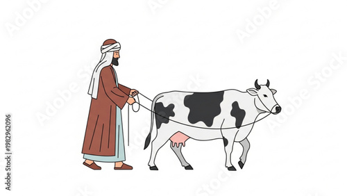Arab farmer walking with a spotted cow vector illustration