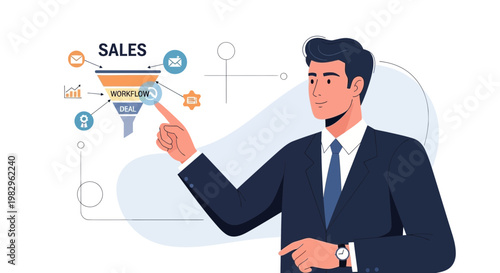 Businessman pointing at sales funnel diagram, workflow and deal icons