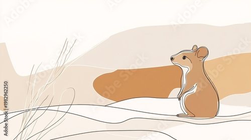 Minimalist line art illustration of a small rodent in a neutral, abstract landscape setting