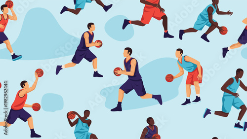 Seamless pattern design featuring multiple basketball players in dynamic movement poses against a light blue background.