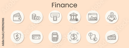 Finance set icon. Wallet, coins, ATM, bank building, analytics chart, handshake, shield, credit card, terminal, dollar focus, currency exchange, banknotes, money management