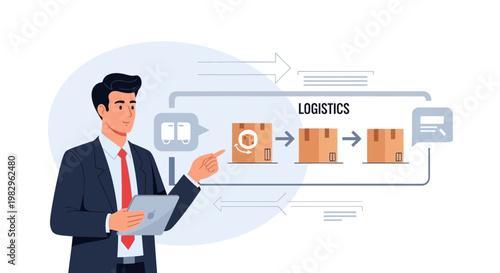 Businessman presenting logistics process with boxes and arrows on a tablet
