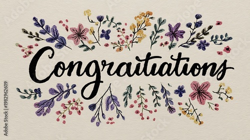 Hand written congratulations with flower decoration card isolated on the white background 