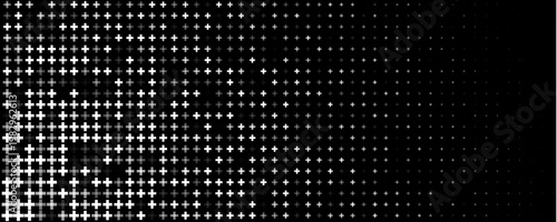Cross Background Pattern Halftone Gradient Plus Symbols Forming Geometric Monochrome Black White Grid with Shimmer Glowing Effect For Tech Science Medical and Religion BG. Vector Illustration