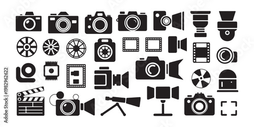 Large collection of photography and videography icons including cameras and film equipment.