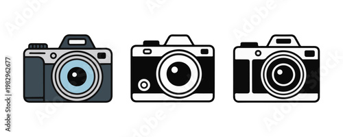 Digital slr camera front view illustrations showing three different color styles and line art variations set.