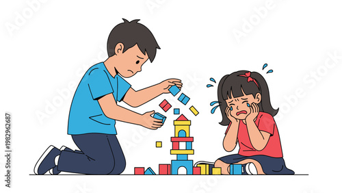 Young boy feels guilty after accidentally knocking over a colorful toy block tower built by a crying little girl.