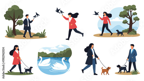 Group of diverse people enjoying outdoor activities such as walking their dogs and feeding birds in a public park.