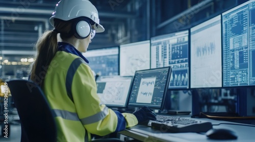 Woman in safety gear monitors industrial displays