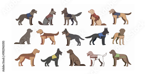 Working service and guard dogs collection different breeds flat vector illustration