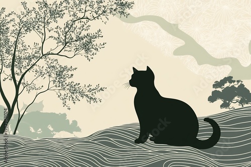 Silhouette of a feline companion amidst stylized trees and gentle wave patterns, digital art