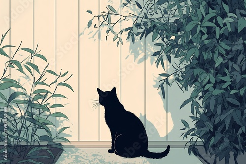 Serene feline silhouette observing lush foliage through a window in minimalist digital artwork