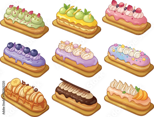 Cute Colorful Eclair Dessert Illustration Set with Various Sweet Toppings