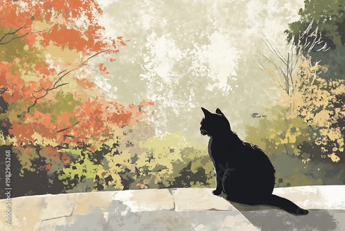 Silhouette of black cat observing autumn foliage in digital painting, serene outdoor scene, artistic style