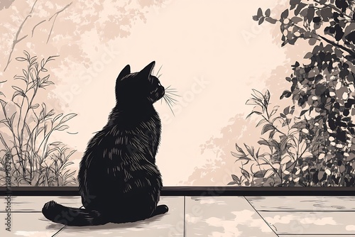 Silhouette of a black cat gazing outdoors, minimalist digital art with soft, muted botanical backdrop.