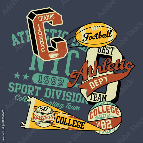 Vintage sporting team patches and symbols patchwork vector print for children kids sport wear with embroidery applique for t shirt sweatshirt pajamas