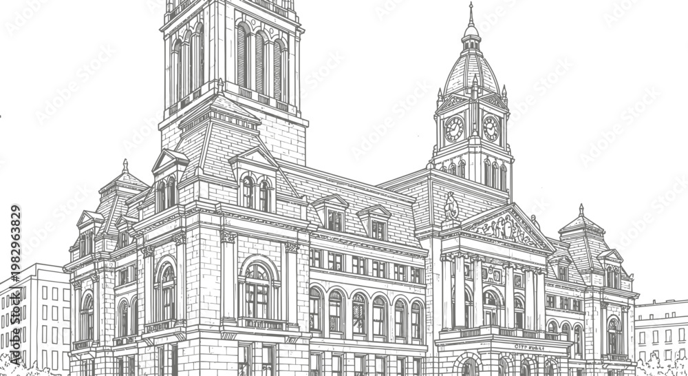 Obraz premium Detailed architectural sketch of a grand historical building with towers and intricate facade.