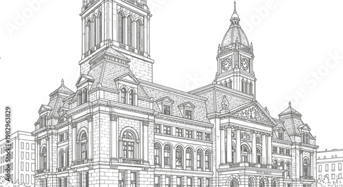Detailed architectural sketch of a grand historical building with towers and intricate facade.