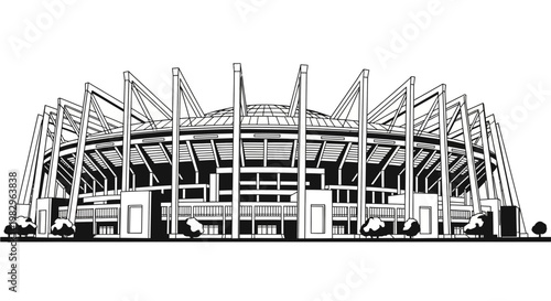 Detailed architectural illustration of a large modern sports stadium.