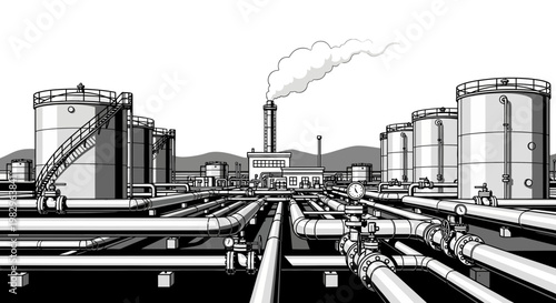 Industrial complex with storage tanks and pipelines for processing.