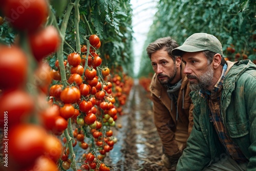 Two farmers inspecting ripe tomatoes in a greenhouse