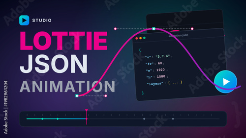Vector thumbnail design for Lottie JSON animation featuring motion path, code interface, and modern UI elements. Ideal for video covers, app previews, web banners, and motion graphics content.