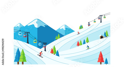 Ski Resort Scene: Mountains, Skiers, and Cable Cars in Winter