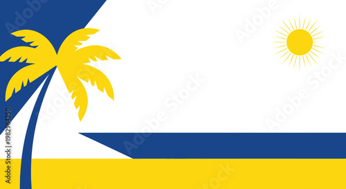 Tropical Beach Scene with Palm Tree, Sun, and Ocean - Flat Design