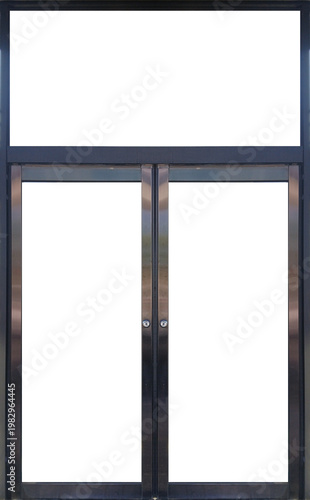 modern commercial double glass entrance door with stainless steel frame and black signage mockup panel for business storefront design