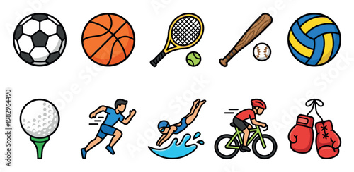 A vibrant, flat design illustration featuring a collection of diverse sports icons, including balls, racquets, bats, and action figures representing running, swimming, cycling, and boxing.