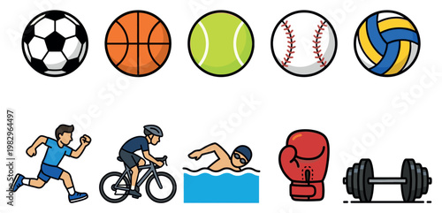 A colorful flat illustration showcasing various sports balls and fitness activities including running, cycling, swimming, boxing, and weightlifting on a white background.