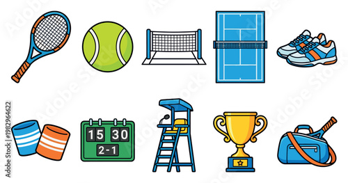 A vibrant collection of cartoon tennis equipment, including a racket, ball, net, court, shoes, wristbands, scoreboard, umpire chair, trophy, and bag, arranged against a clean white background.