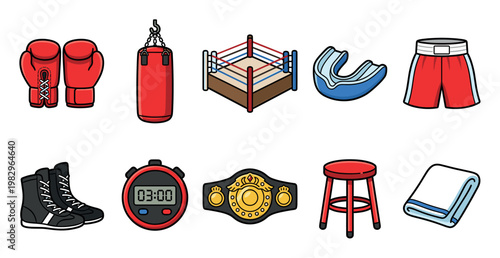 A collection of flat design cartoon icons representing boxing gear, including gloves, a punching bag, ring, shorts, and a championship belt.