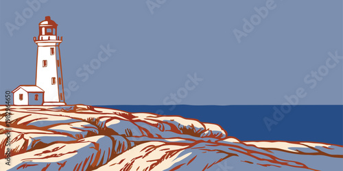 Stylized Illustration of a White Lighthouse Perched on Rugged Rocky Cliffs Overlooking a Deep Blue Ocean