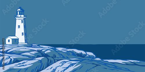 Minimalist graphic depiction of a white lighthouse standing on a rocky shore overlooking the blue ocean