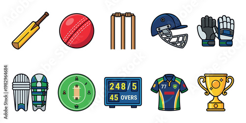 Flat vector illustration of various cricket equipment including a bat, ball, wickets, helmet, gloves, pads, field, scoreboard, jersey, and trophy on a white background.