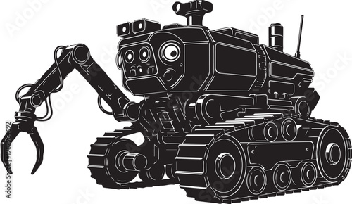 Industrial robot, mechanical excavator, black vector illustration, robotic arm, heavy machinery