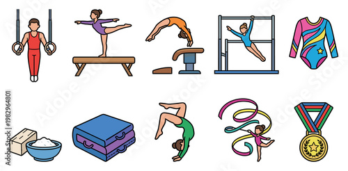 A vibrant collection of flat design illustrations depicts gymnasts performing various routines and essential equipment like rings, balance beam, vault, and leotard, along with chalk and a medal.