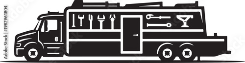 Food truck, black and white illustration, vector graphic, restaurant on wheels